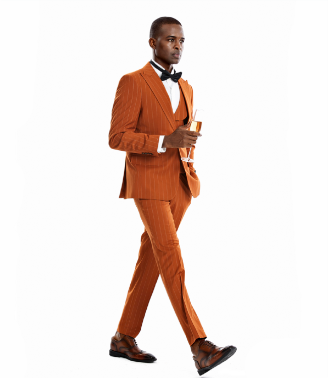 Tazzio Tazzio 1 Button Peak Lapel Pinstripe Suit - 3 Piece - Rust
