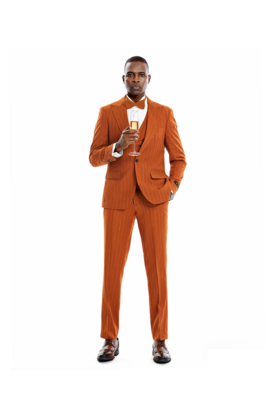Tazzio 1 Button Peak Lapel Pinstripe Suit - 3 Piece - Rust