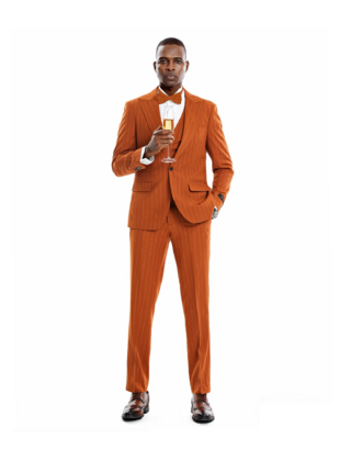 Tazzio 1 Button Peak Lapel Pinstripe Suit - 3 Piece - Rust