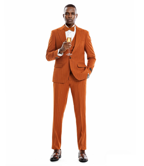Tazzio 1 Button Peak Lapel Pinstripe Suit - 3 Piece - Rust