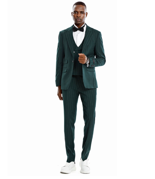 Tazzio Tazzio 1 Button Peak Lapel Pinstripe Suit - 3 Piece - Hunter