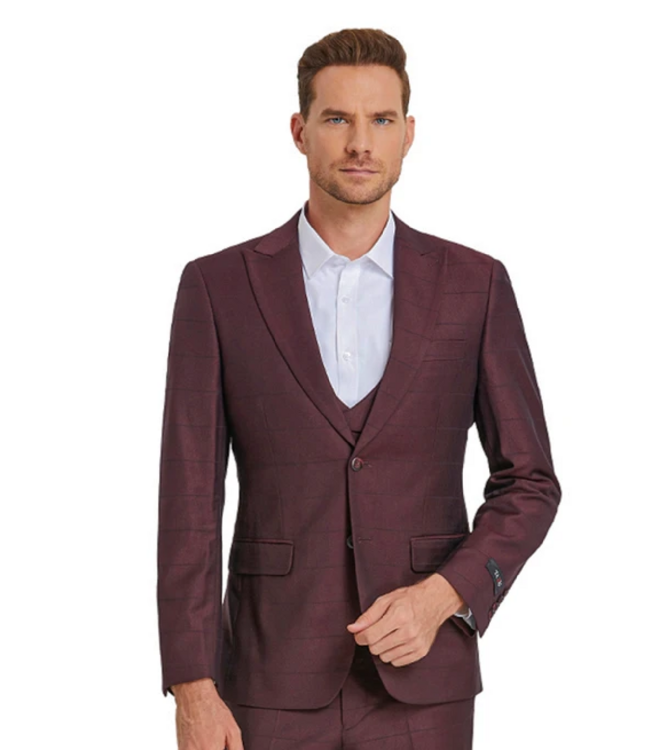 Tazzio Tazzio Windowpane Suit - 3 Piece - Wine