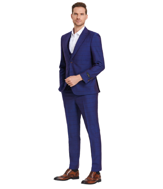 Tazzio Windowpane Suit - 3 Piece - Admiral Blue
