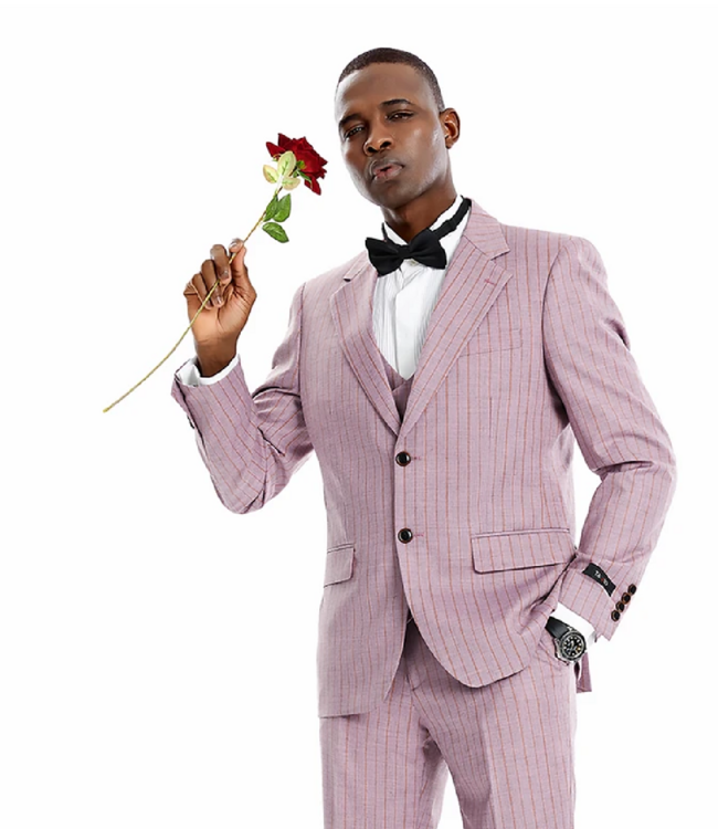 Tazzio Tazzio 2 Button Peak Lapel Pinstripe Suit - 3 Piece - Dusty Rose
