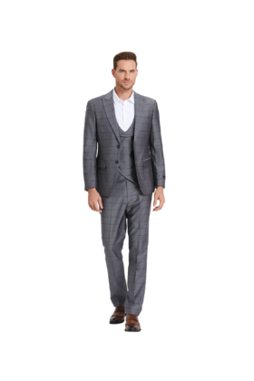 Tazzio Windowpane Suit - 3 Piece - Gunmetal