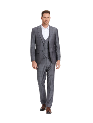 Tazzio Windowpane Suit - 3 Piece - Gunmetal