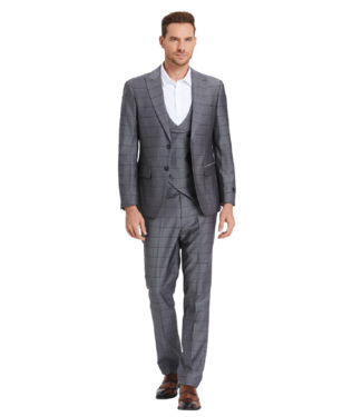 Tazzio Tazzio Windowpane Suit - 3 Piece - Gunmetal