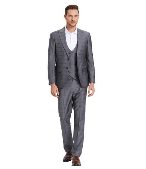 Tazzio Windowpane Suit - 3 Piece - Gunmetal