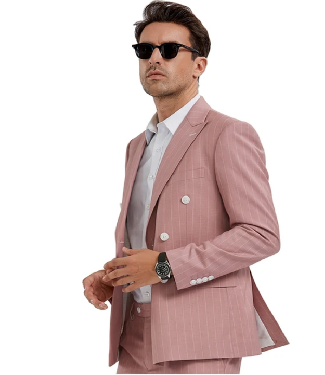 Tazzio Tazzio Pinstripe Double Breasted Suit - Pink