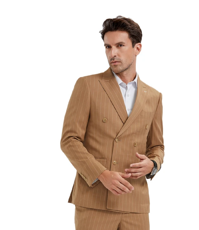 Tazzio Tazzio Pinstripe Double Breasted Suit - Camel