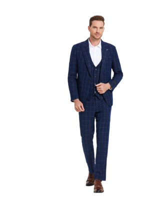 Tazzio - 1 Button Windowpane Peak Lapel Suit - Blue