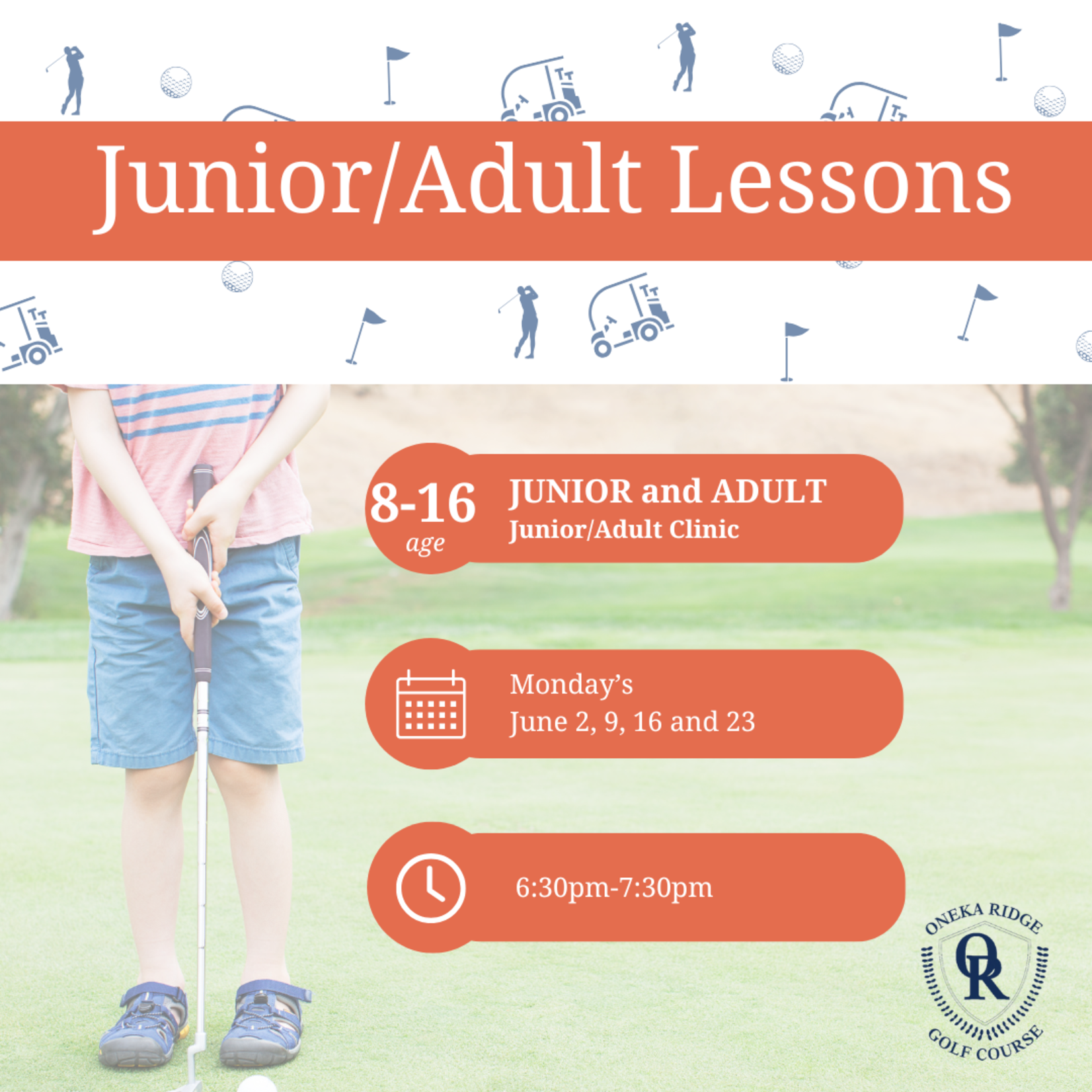 2025 Lessons JUNIOR and ADULT CLINIC -  June, Monday PM, 6/2-6/23, 6:30-7:30PM