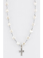 6MM WHITE HEART W SLVR BEADS NECKLACE - 16"