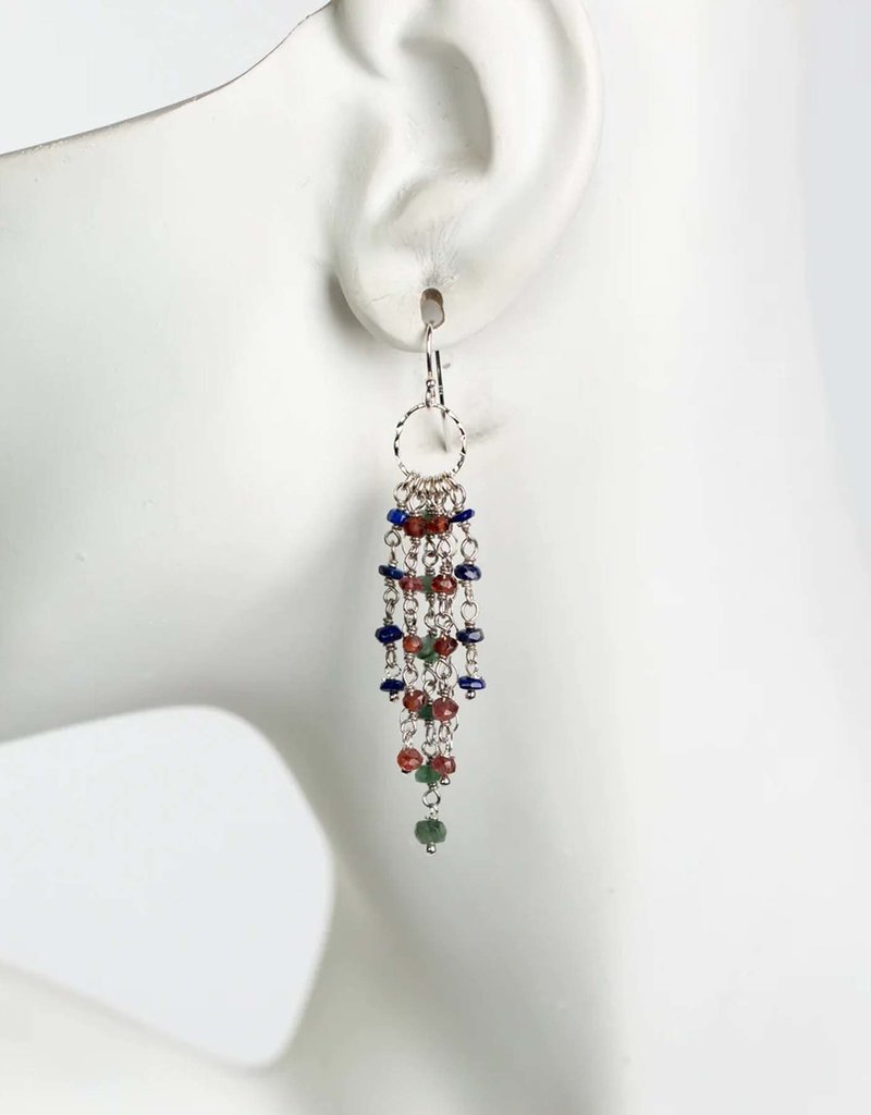 Anne Vaughan Grounded Aquamarine, Lapis, Garnet Tassel Earrings