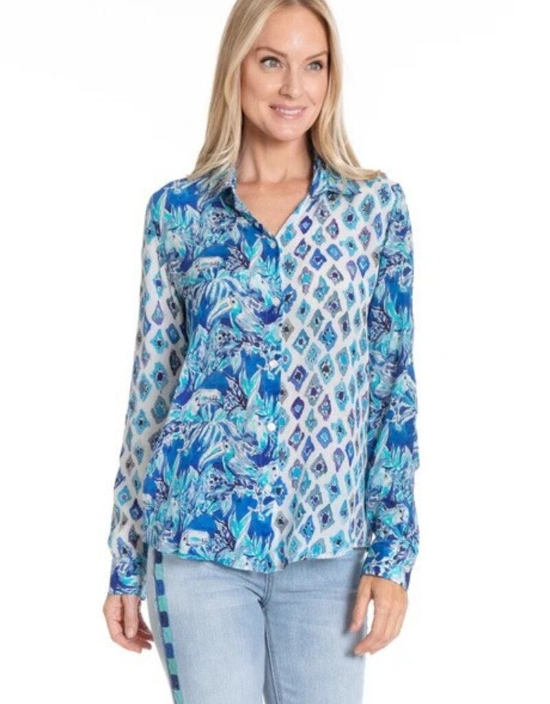 APNY Mix Print Roll Sleeve Button-Up Top