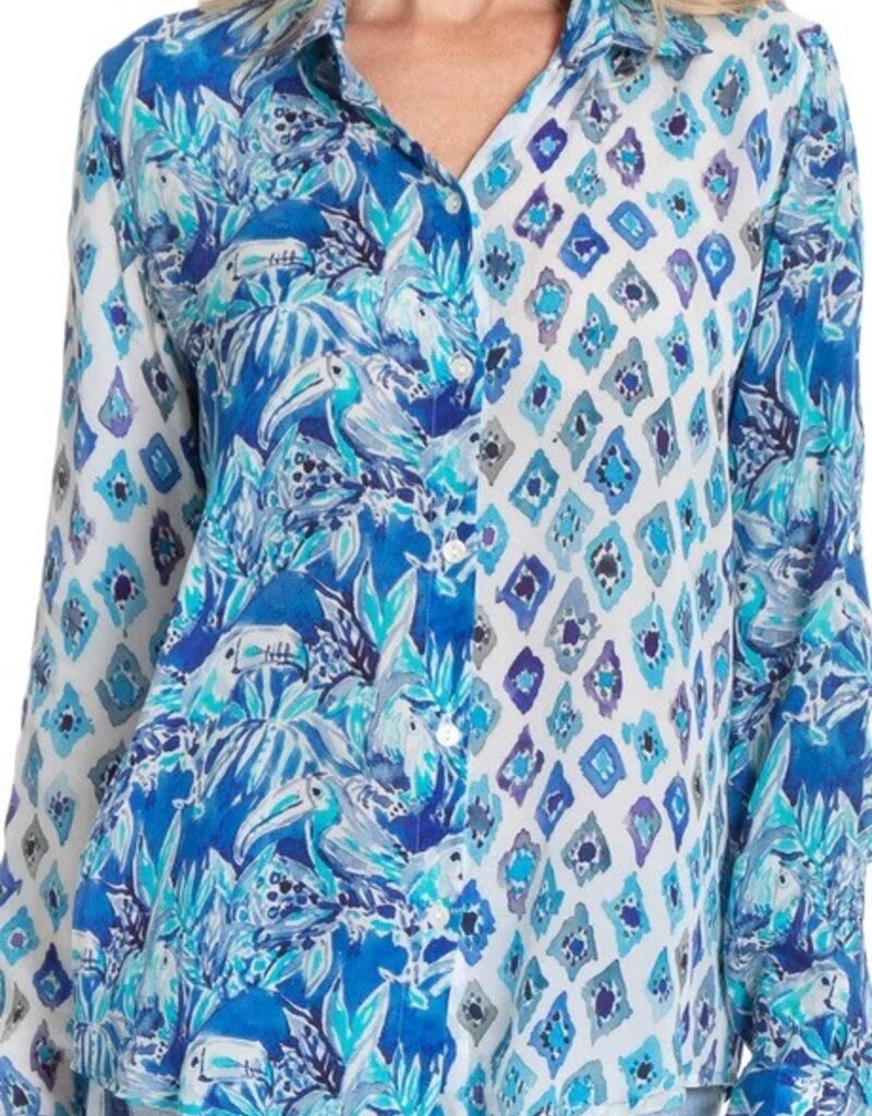 APNY Mix Print Roll Sleeve Button-Up Top