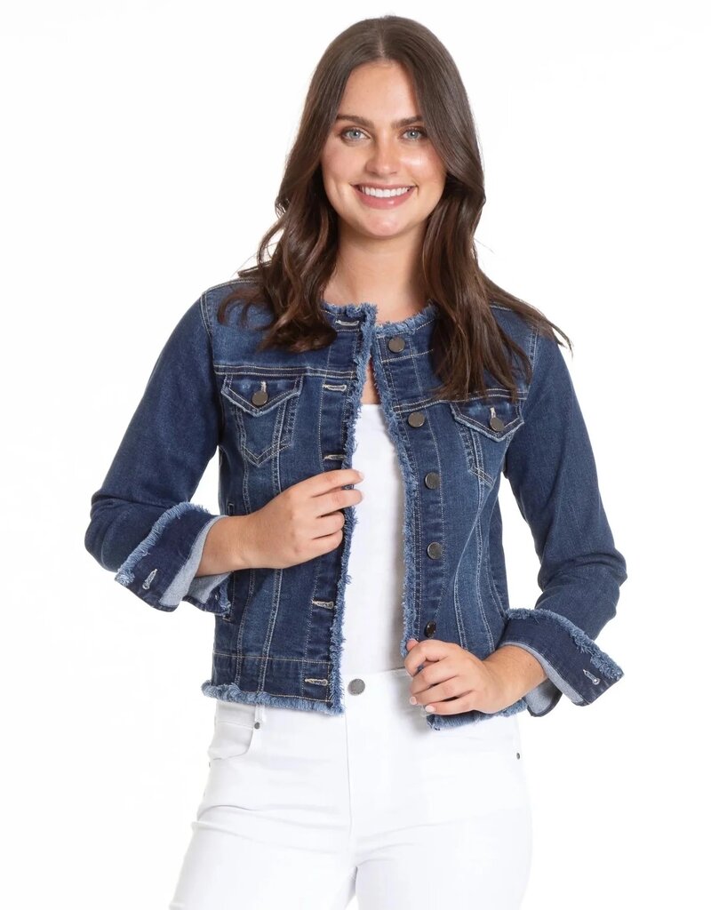 APNY Collarless Jean Jacket with Frayed Detail