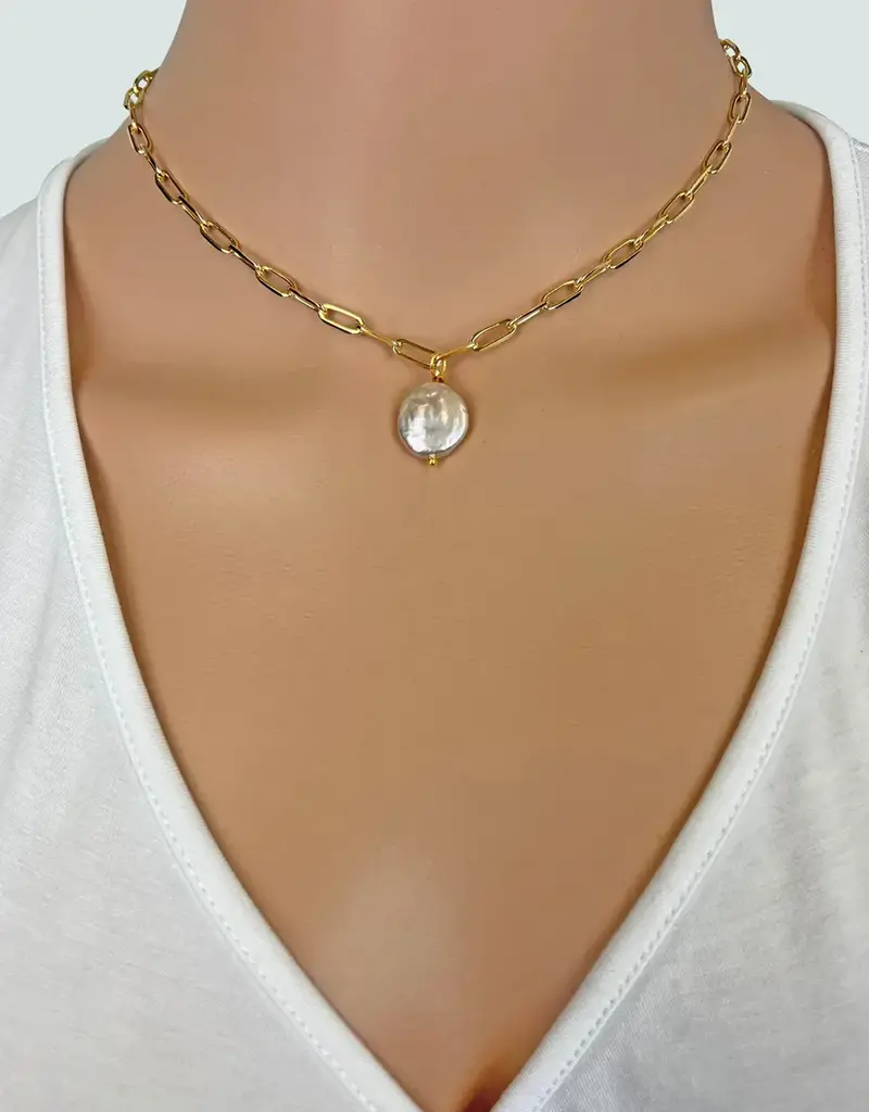 IST Jewelry Single Cultured Coin Pearl Chain Necklace