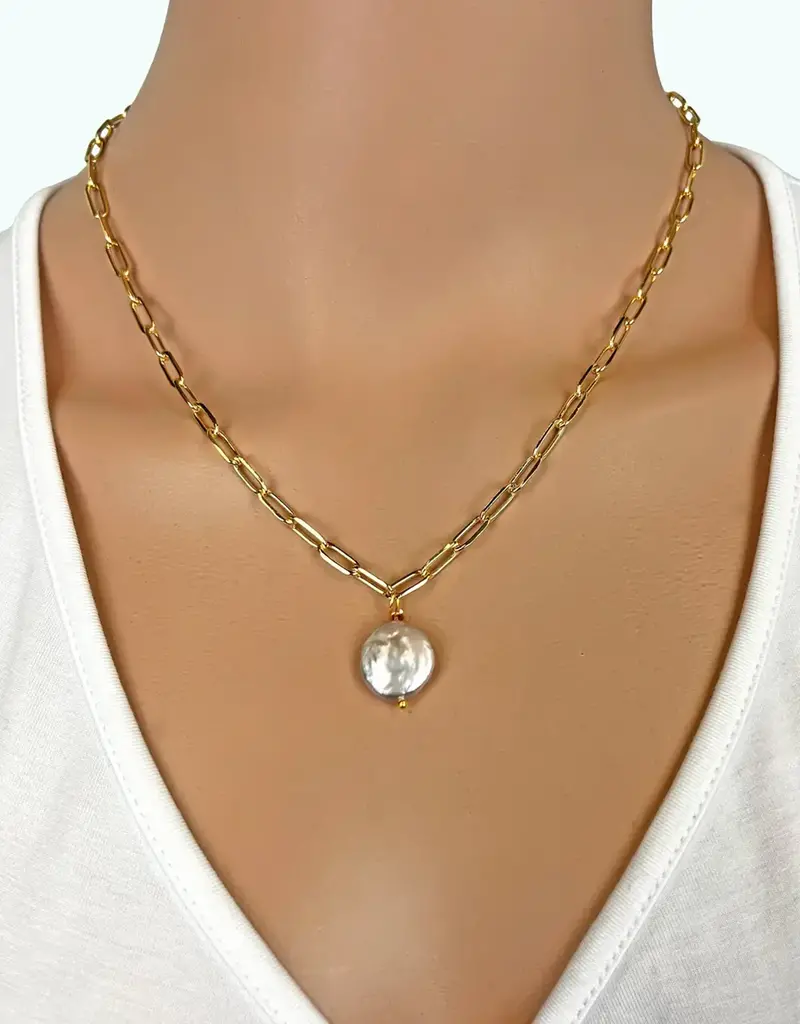 IST Jewelry Single Cultured Coin Pearl Chain Necklace