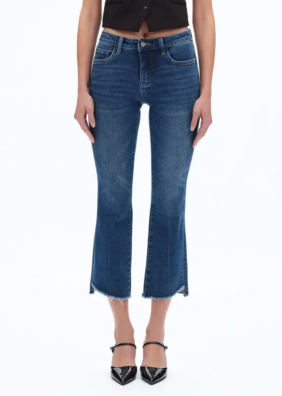 BAYEAS Mid Rise Cropped Bootcut Denim Jeans With Stepped Frayed Hem