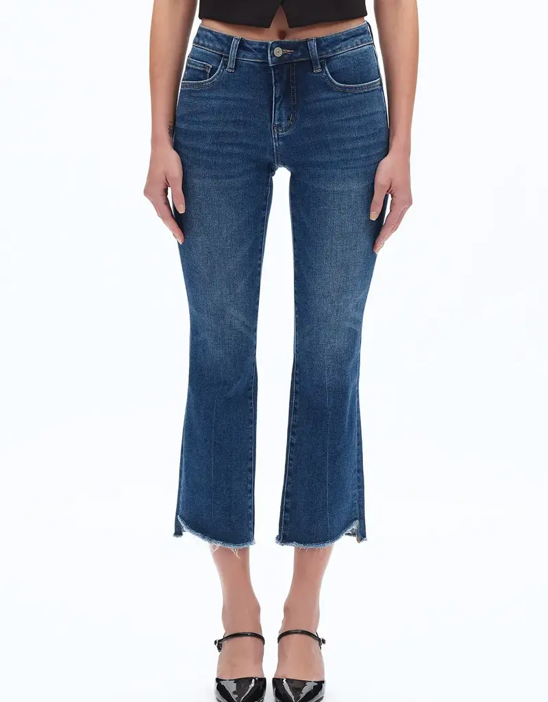 BAYEAS Mid Rise Cropped Bootcut Denim Jeans With Stepped Frayed Hem