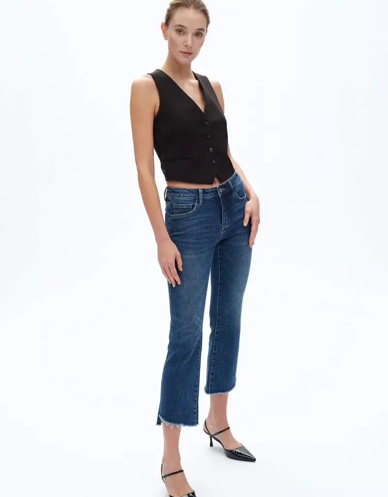 BAYEAS Mid Rise Cropped Bootcut Denim Jeans With Stepped Frayed Hem