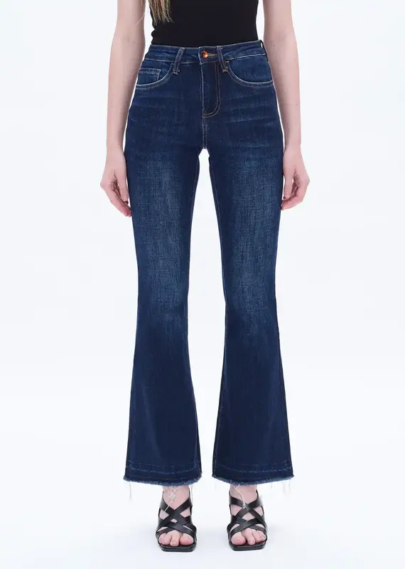 BAYEAS High Rise Flare Leg Denim Jeans With Raw Hem