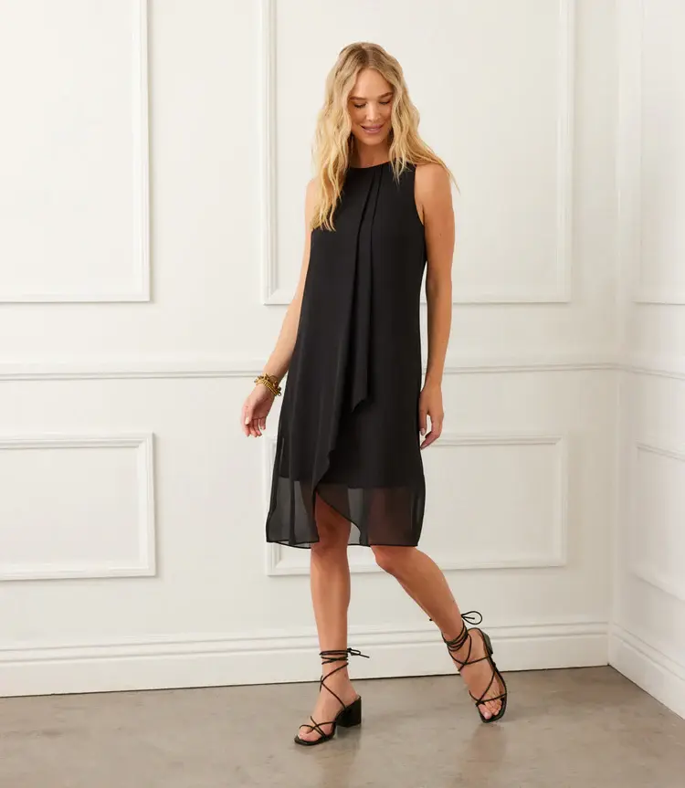 blue dress for baby girl Tiara Three Quarter Sleeve Tie Waist Travel Dress in Black- Karen Kane  2L51500
