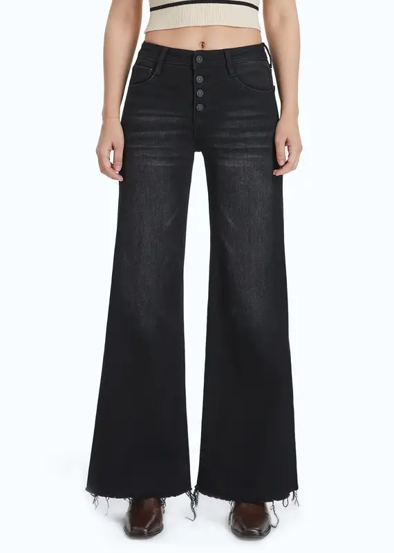 BAYEAS High Rise Wide Leg Denim Jeans With Frayed Hem