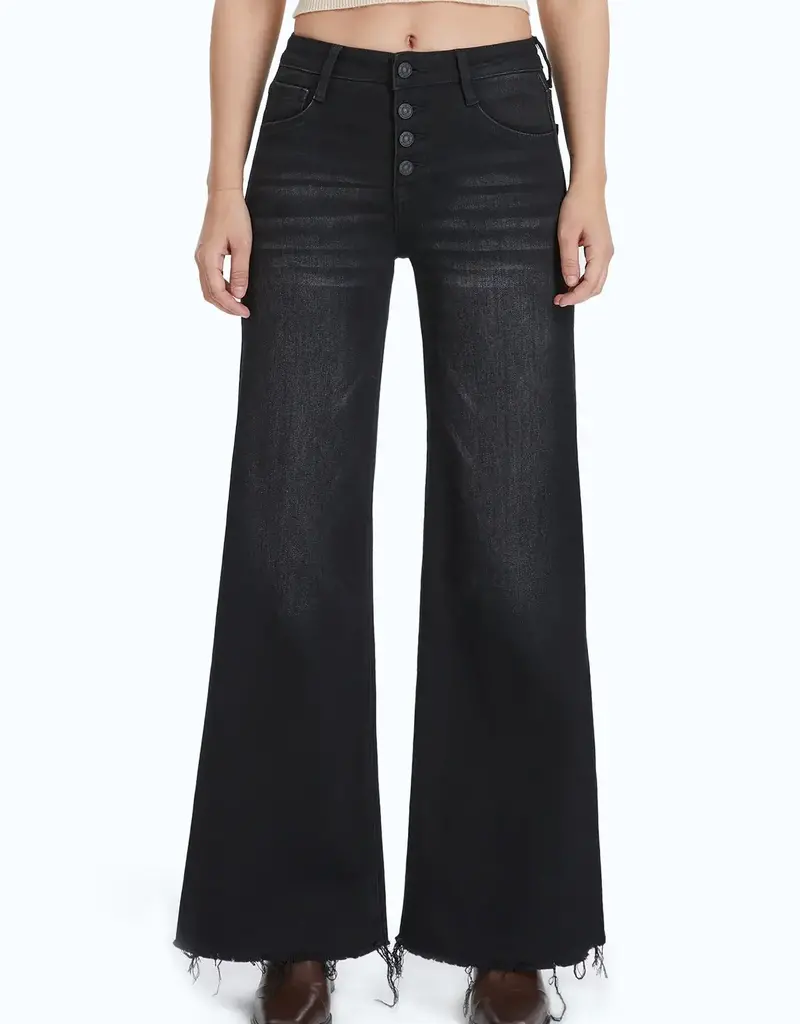 BAYEAS High Rise Wide Leg Denim Jeans With Frayed Hem