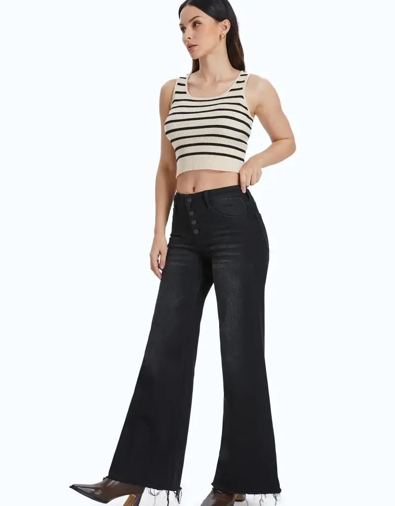 BAYEAS High Rise Wide Leg Denim Jeans With Frayed Hem