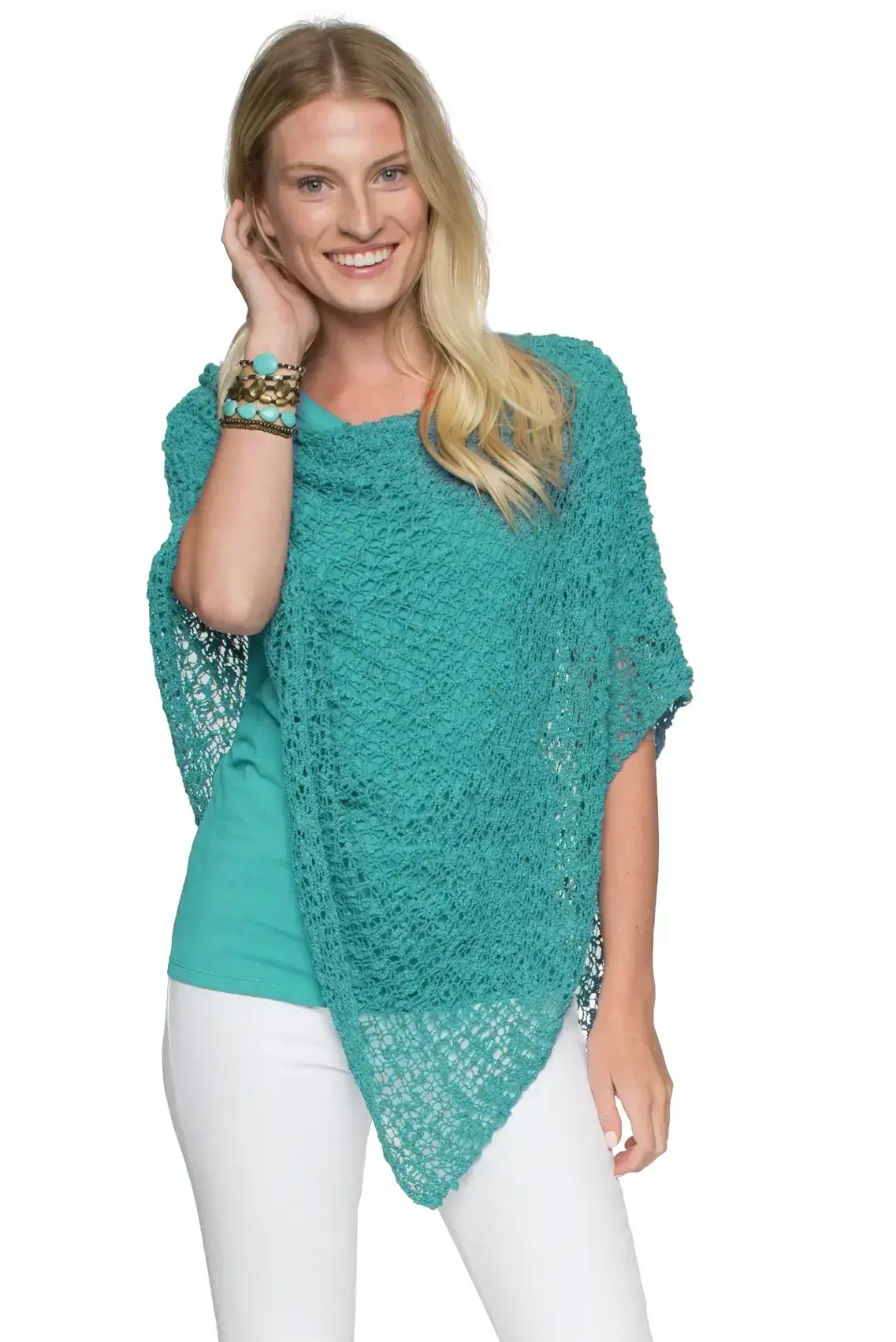 Short Popcorn Knit Poncho - Jade