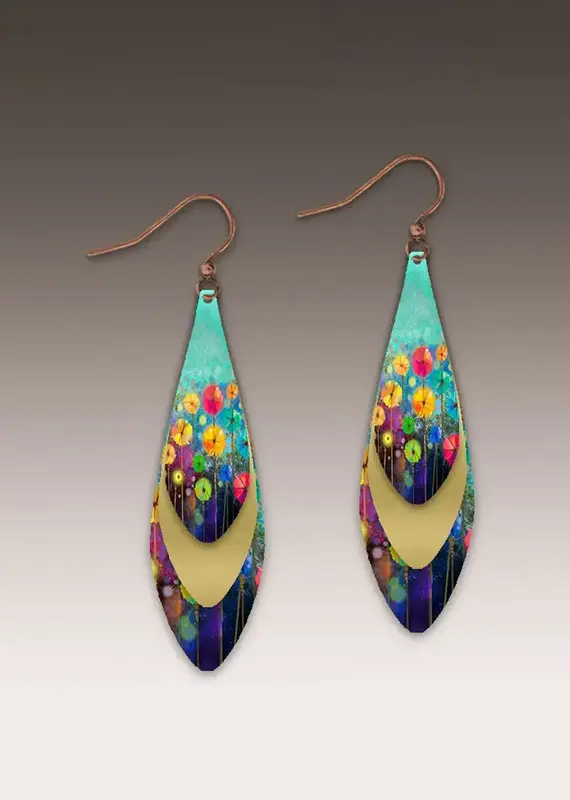 DC Designs Turquoise Flowers Brass Accent Feather Earrings