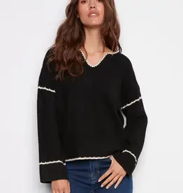 Charlie B Embroidered Ribbed Sweater with Notch Neck