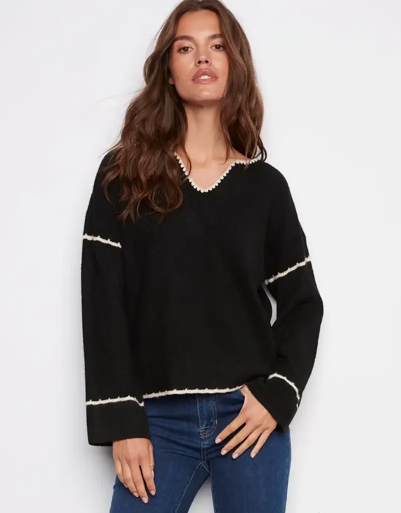 Charlie B Embroidered Ribbed Sweater with Notch Neck