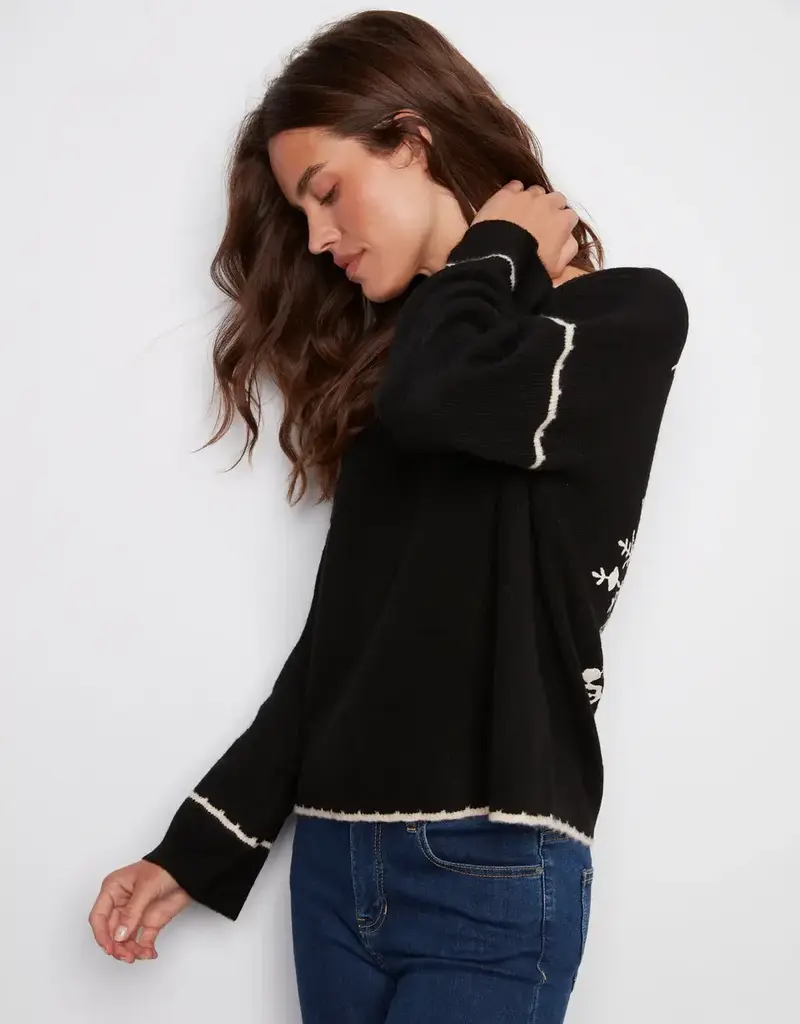 Charlie B Embroidered Ribbed Sweater with Notch Neck