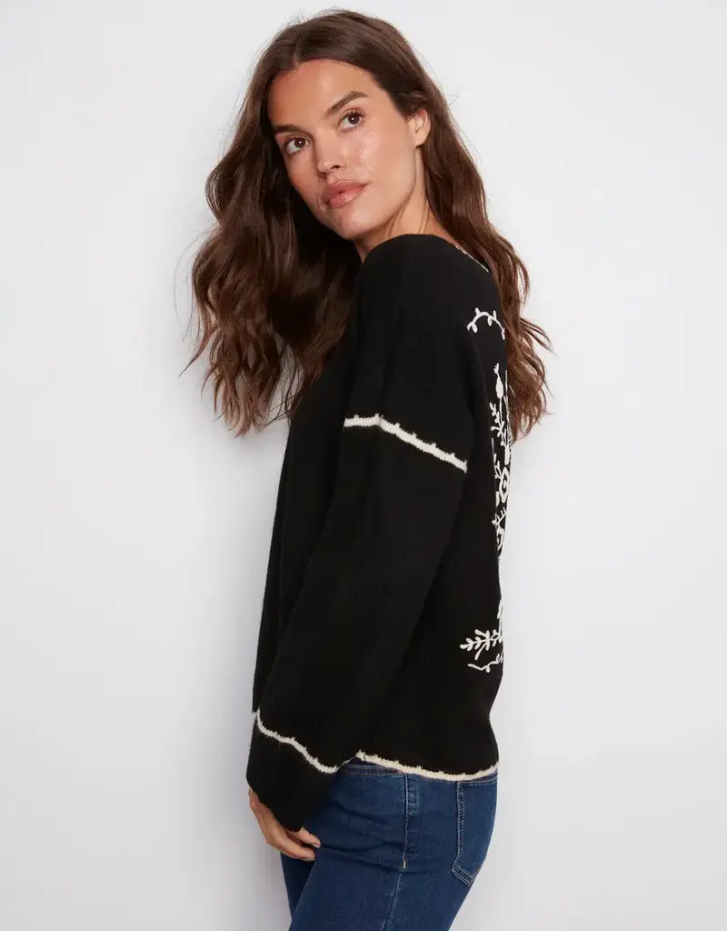Charlie B Embroidered Ribbed Sweater with Notch Neck