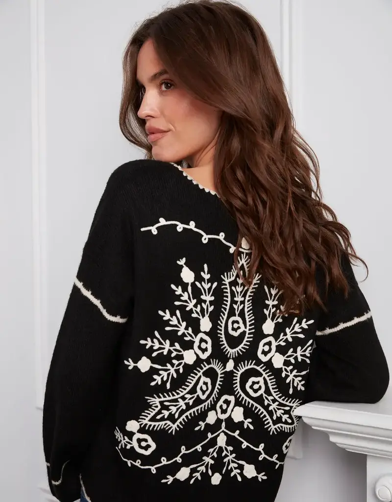 Charlie B Embroidered Ribbed Sweater with Notch Neck