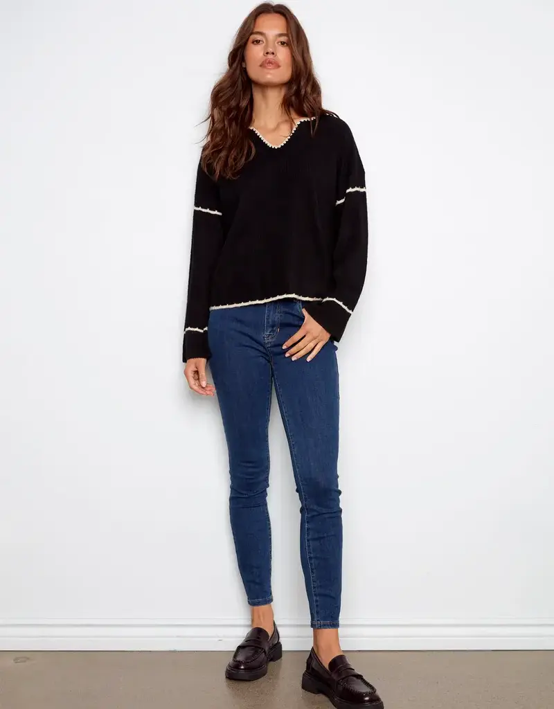 Charlie B Embroidered Ribbed Sweater with Notch Neck