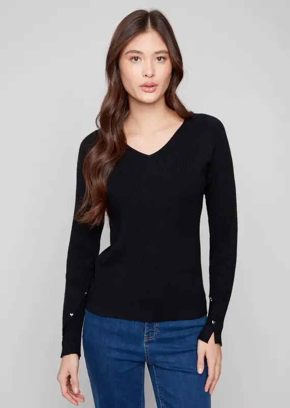 Charlie B Ribbed V-Neck Sweater With Heart Rivets