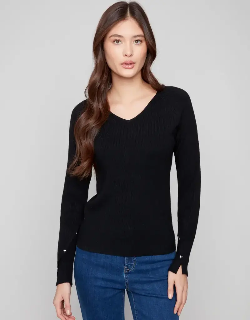 Charlie B Ribbed V-Neck Sweater With Heart Rivets