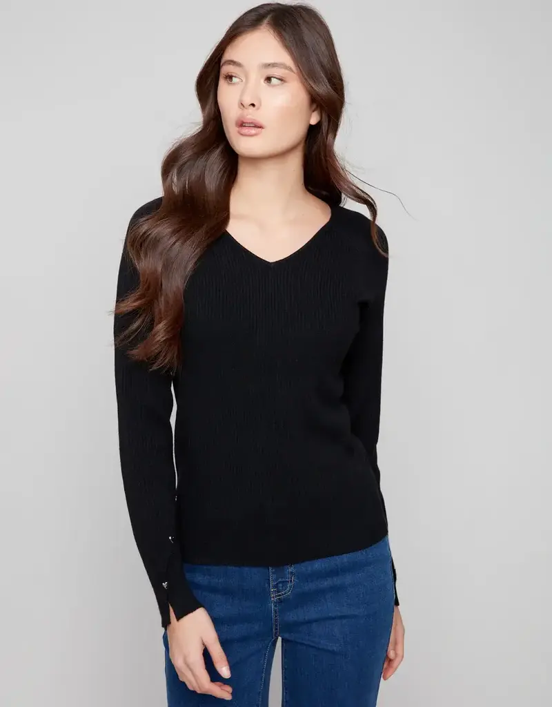 Charlie B Ribbed V-Neck Sweater With Heart Rivets