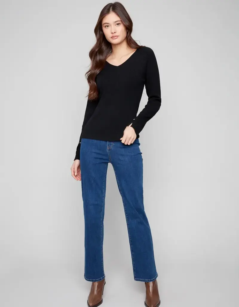Charlie B Ribbed V-Neck Sweater With Heart Rivets