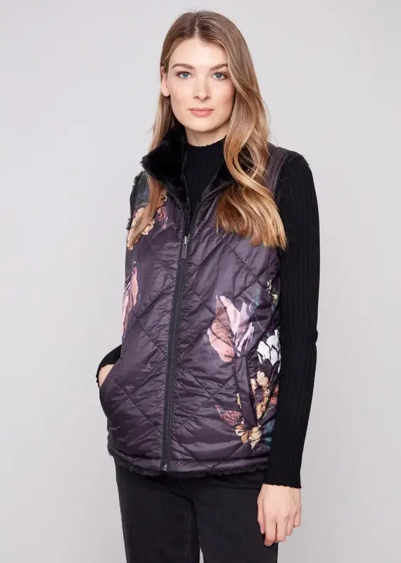 Charlie B Printed Reversible Quilted Faux Fur Vest