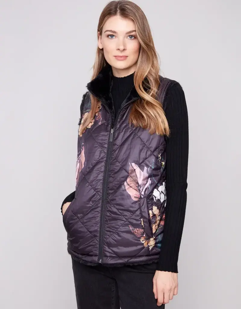 Charlie B Printed Reversible Quilted Faux Fur Vest