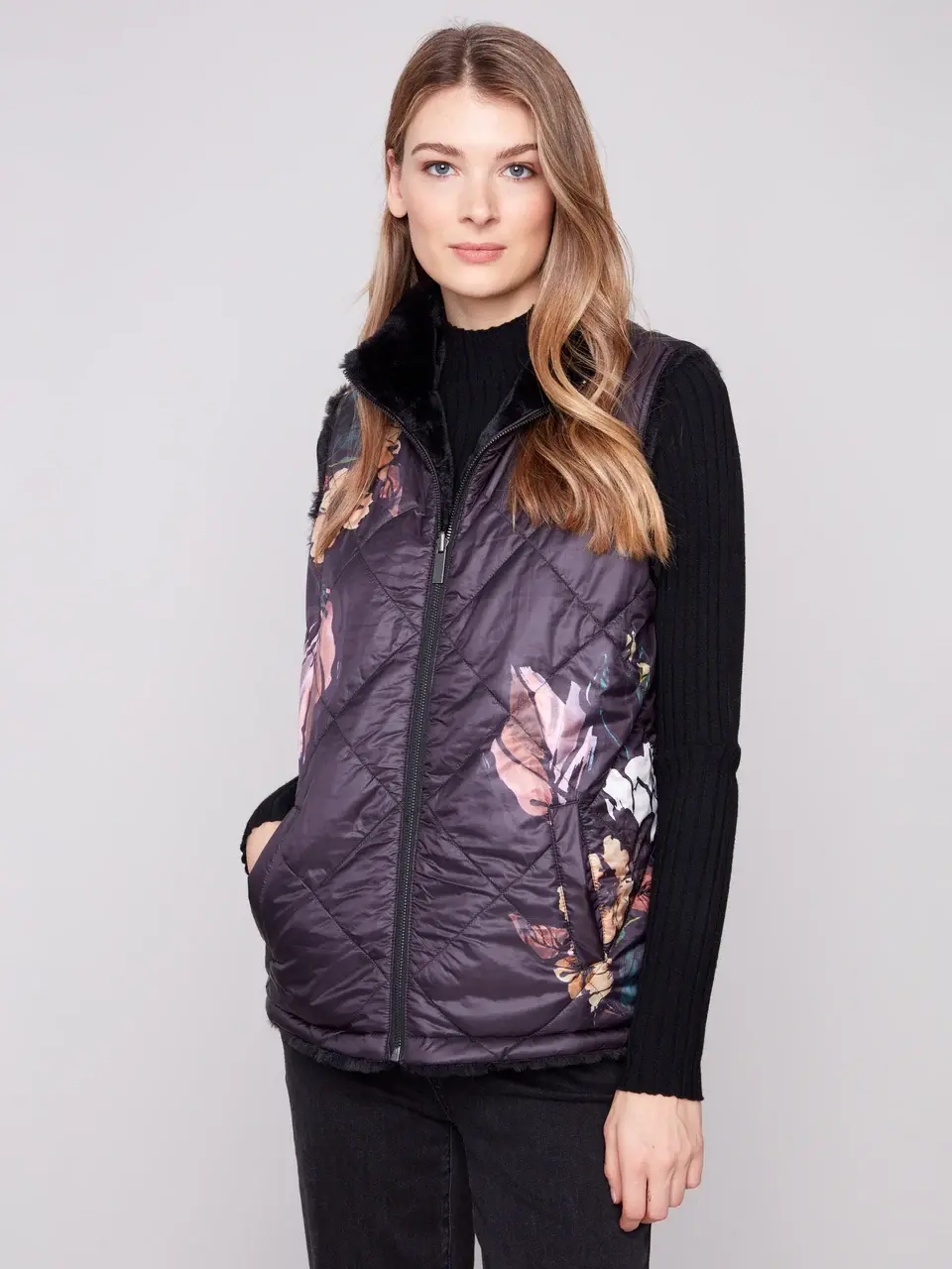 Charlie B Printed Reversible Quilted Faux Fur Vest - Coyote Moon