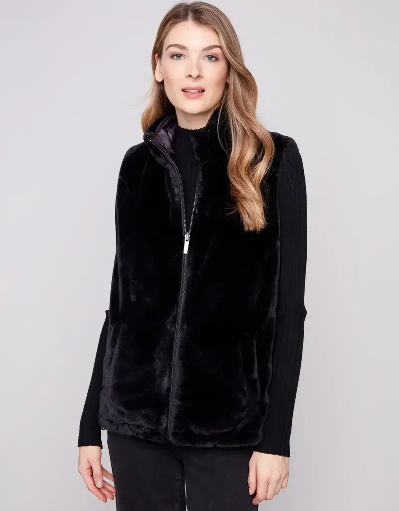 Charlie B Printed Reversible Quilted Faux Fur Vest