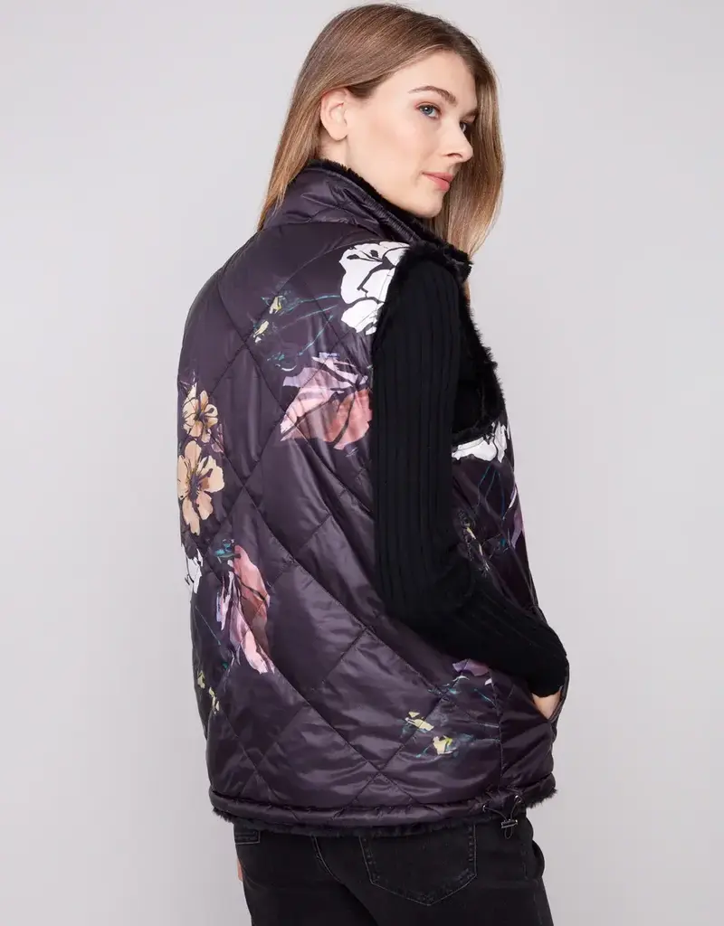 Charlie B Printed Reversible Quilted Faux Fur Vest