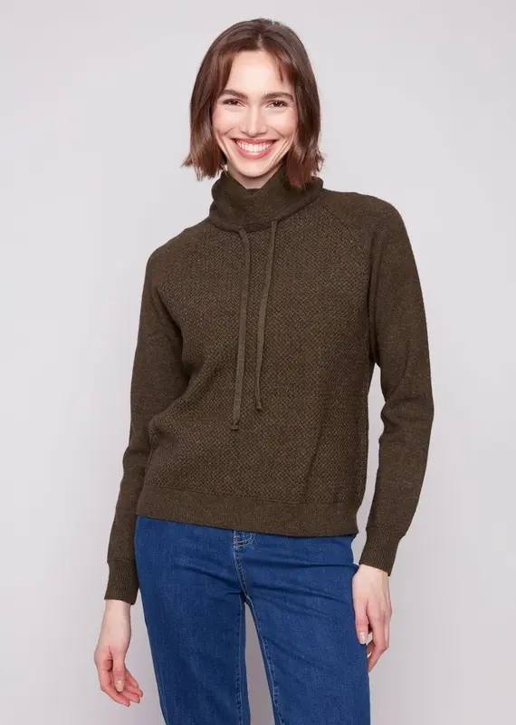 Charlie B Textured Raglan Small Cowl Neck Knit Sweater