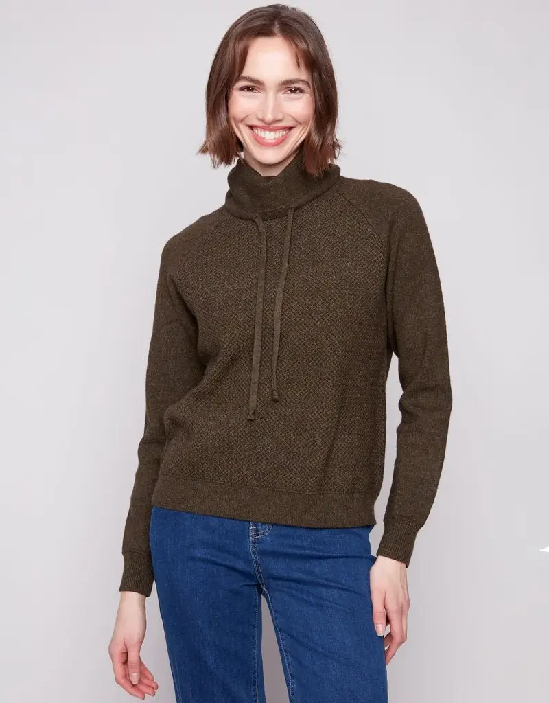 Charlie B Textured Raglan Small Cowl Neck Knit Sweater